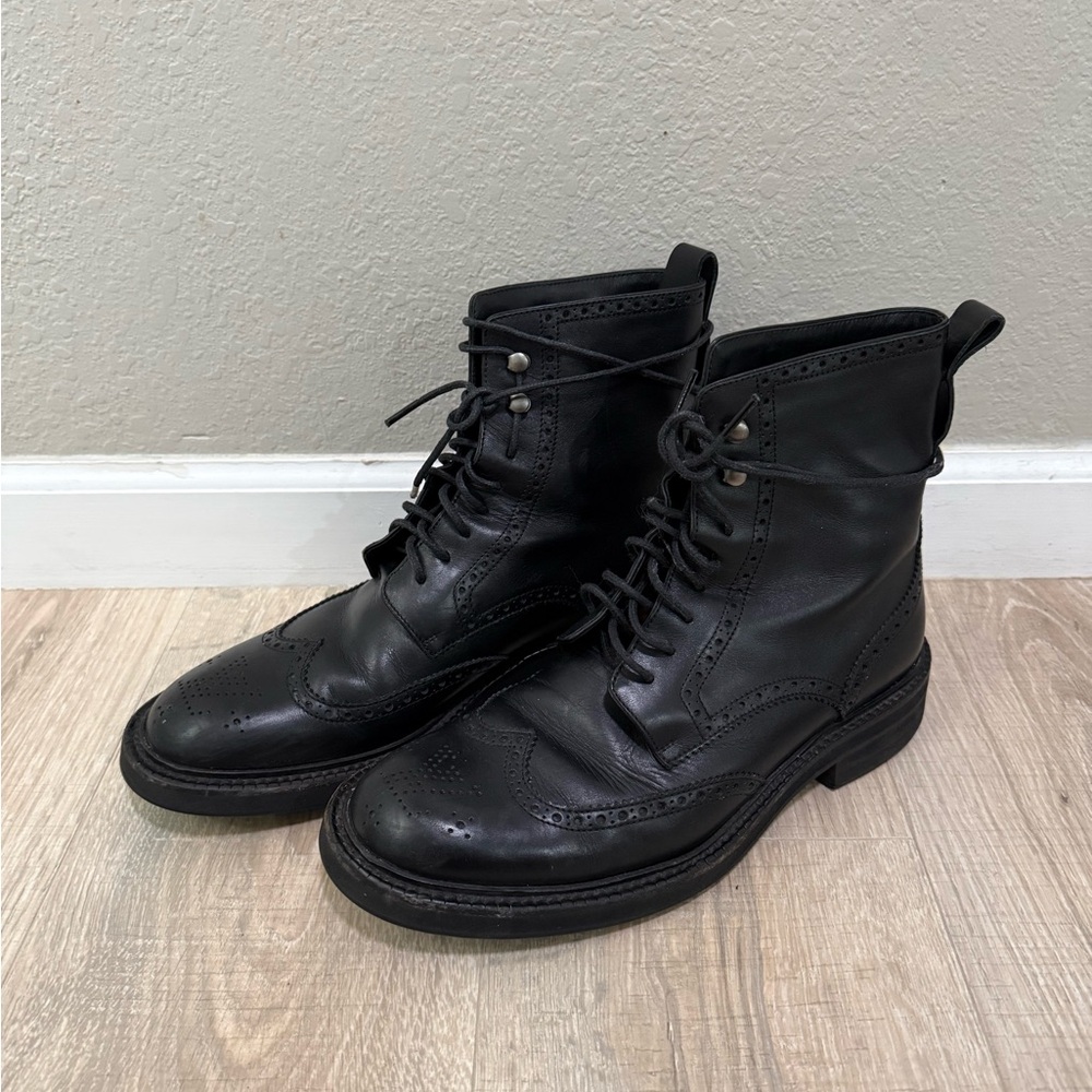 Louis Vuitton Black Leather Brogue Combat Boots Monogram Sole 8.5